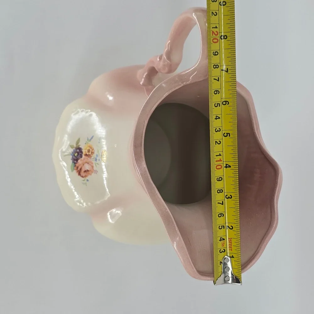 Vintage Pink Cream Floral Ceramic Pitcher Vase Ornate Scalloped Victorian Style